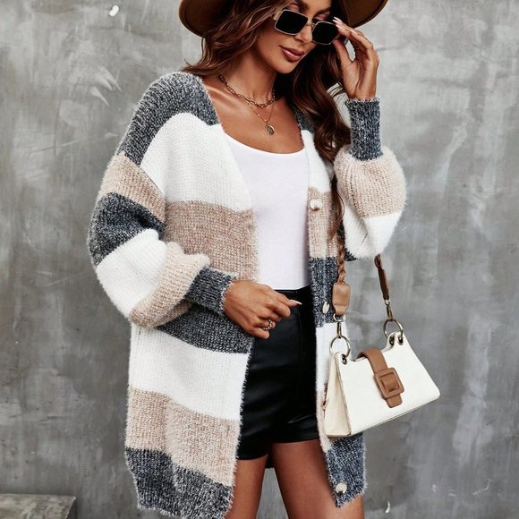 . Sweaters - Multicolor Preppy Womens Color Block Drop Shoulder Button Front Cardigan